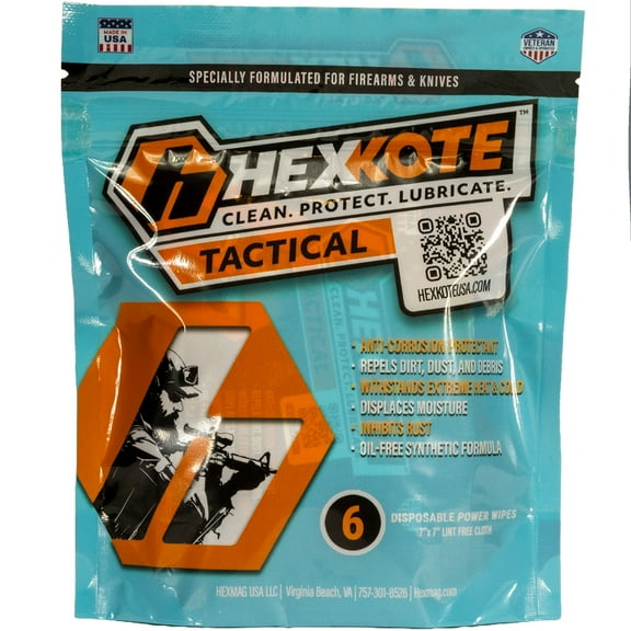 HEXKOTE Tactical Dry Lube Gun Knife Cleaner Lubricant Disposable Wipes (6 Pack)