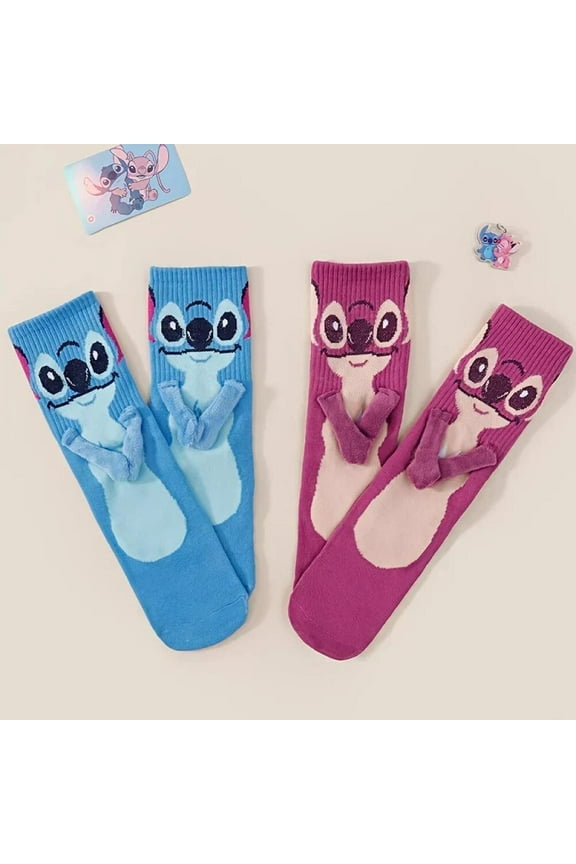HEXNNHA 2 Pairs Stitch Magnetic Connected Socks for Kids, Soft Cartoon Crew Socks with Fun Hand-Holding Feature, Cute Christmas Stocking Stuffer Gift for Boys and Girls QH91-081