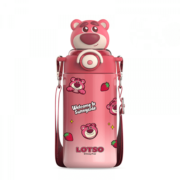 HEXNNHA Cartoon Lotso 316 Stainless Steel Kids Insulated Tumbler with Straw, 600ml Large Capacity Thermos Bottle, Leak-Proof Portable Water Bottle with Adjustable Strap for School Outdoor QH91-030