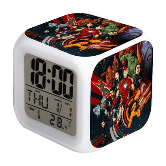 HEXNNHA LED Alarm Clock Avengers SuperHero Pattern Creative Desk Table Clock Glowing Electronic Colorful Digital Clock for Unisex Adults Girl Boy Kids Children Toy Birthday Present Gift MW525-406