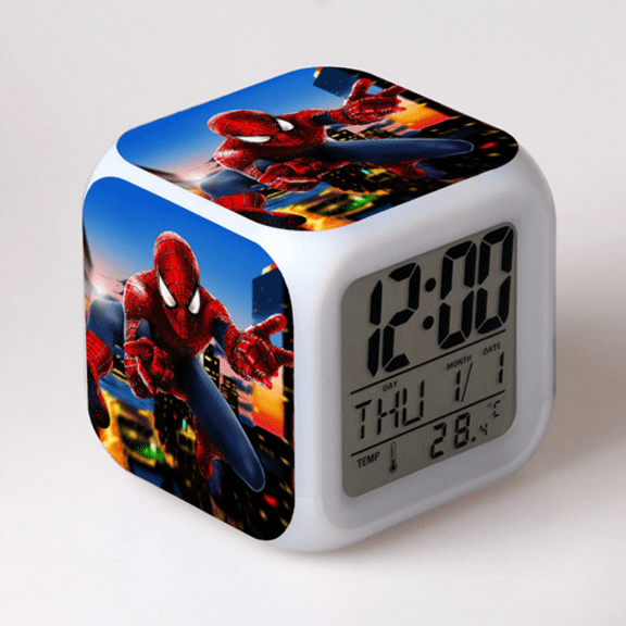 HEXNNHA LED Alarm Clock Spider-Man Pattern Creative Desk Table Clock Glowing Electronic Colorful Digital Clock for Unisex Adults Girl Boy Kids Children Toy Birthday Present Gift MW525-352