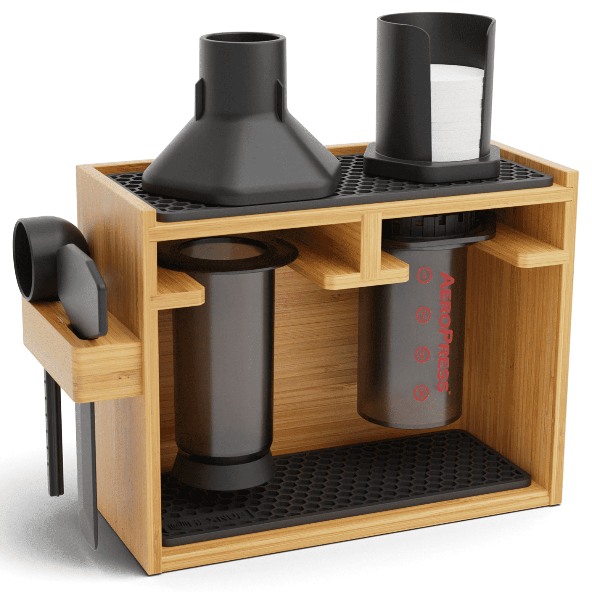 Bamboo Coffee Caddy Station with Black Mats for AeroPress