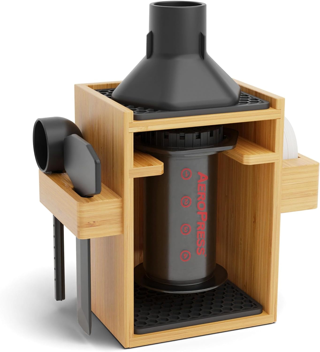 Compact Bamboo AeroPress Organizer with Black Silicone Mats