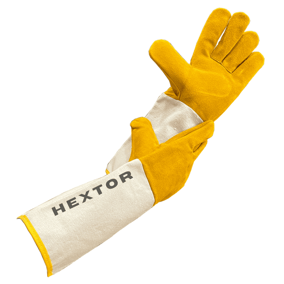 HEXTOR ECO WELD Split Leather Welding Gloves with Canvas Safety Cuff, Economy Grade Heat Resistant Leather Work Gloves for Welding, Fabrication, Construction & Industrial Use