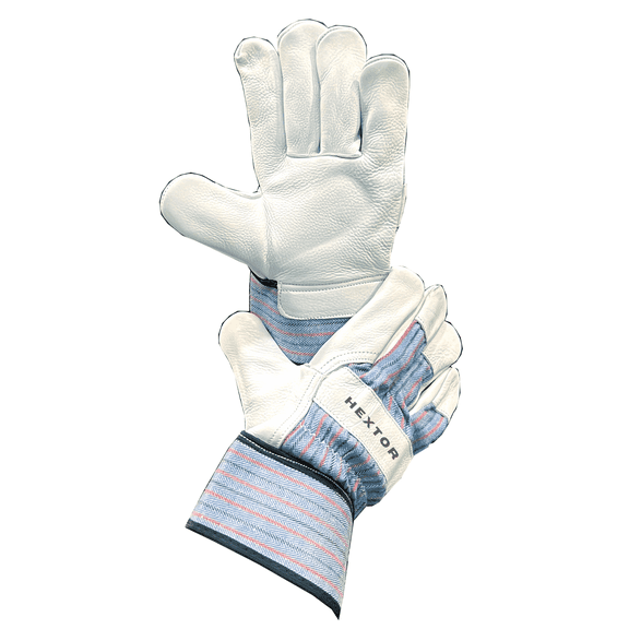 HEXTOR RIGGER PRO Premium Cow Grain Leather Rigger Gloves with Striped Cotton Back, Rubberised Safety Cuff, Heavy Duty Work Gloves for Construction, Warehouse & Industrial Use