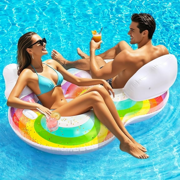 HEY!SPLASH Pool Floats Adult, 2 Seat Inflatable Rainbow Float with Cloud Backrests and Handles, Pool Float with Cup Holders for Family/Friends/Couple, Pool Float Chair for Beaches, Pool Parties