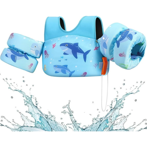 HEY! SPLASH Swim Vest, Kids Swim Vest Water Wings Swim Arm Band with Shoulder Strap and Secure Buckle, Swimming Wings Kids Pool Float Vest for 33-70 lbs Children, Blue Shark
