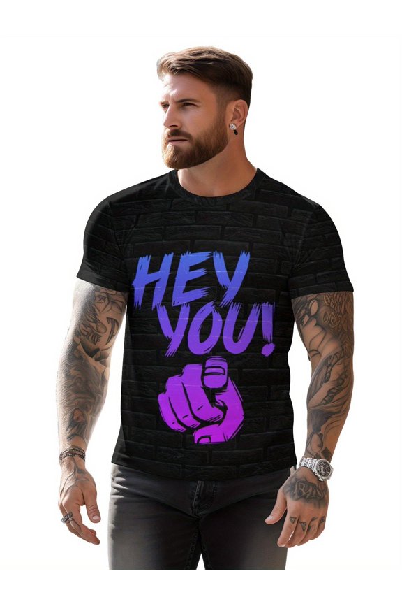 "HEY YOU" Alphabet Print Men's Crew Neck Short Sleeve T-shirt, Casual Summer T-Shirt For Daily Wear And Vacation Resorts