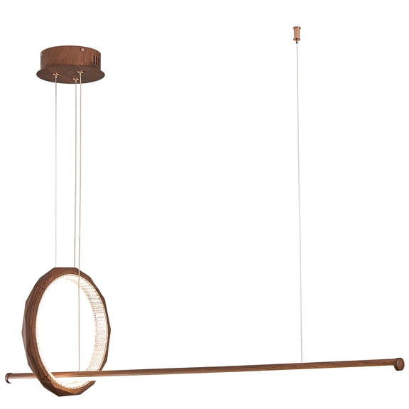 HEYAN 43" Farmhouse Pendant Light in Walnut Wood Finish, Light Fixtures Over TableSingle Multi-Faceted Metal Ring Long Linear Kitchen Island Lighting for Dining Room Table Coffee Bar Counter