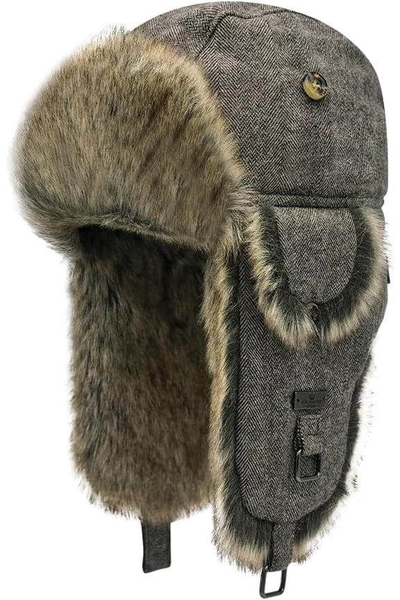 Winter Trapper Hat,Wool Faux Fur Aviator Ski Trapper Trooper Pilot Snow Eskimo Hat with Ear Flaps for Men & Women