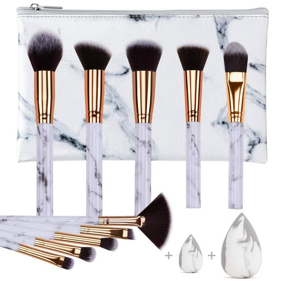 HEYMKGO 10PCS Marble Makeup Brush Set Blush Foundation Eyeshadow Brushes with 2 Makeup Sponge,White