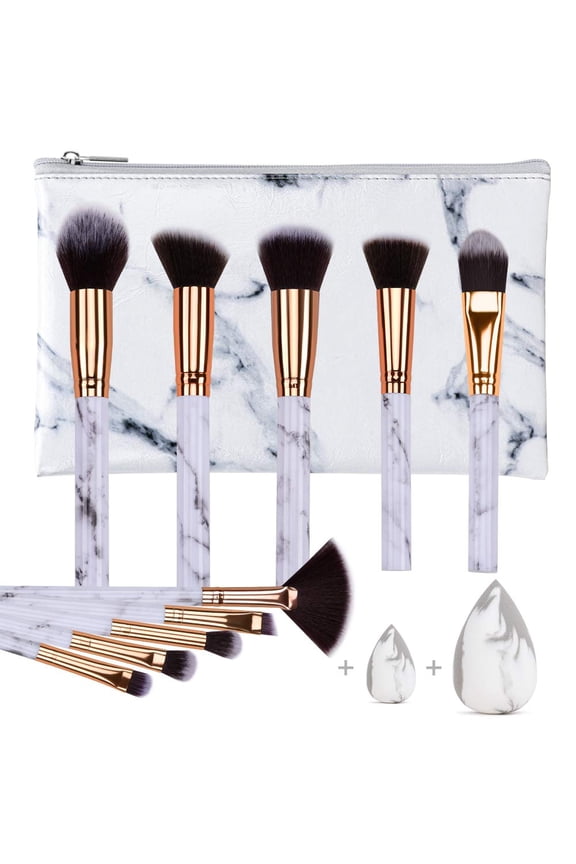 10PCS Marble Makeup Brush Set Blush Foundation Eyeshadow Brushes with 2 Makeup Sponge,White
