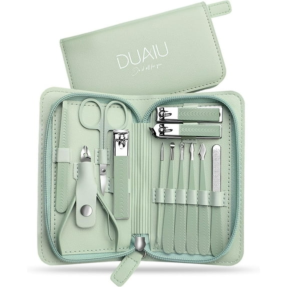 HEYMKGO 12-Piece Nail Cutter Set, Stainless Steel Manicure Beauty Tools Pedicure Kit with Travel Bag & Nail Clippers, Green