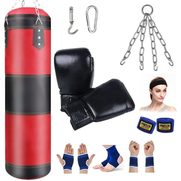 HEYMKGO 120CM Professional Punching Bag Set  10-Piece Premium PU Leather Hanging Heavy Bag with Hook & Chain for Adults, Karate, Kickboxing, MMA, Gym & Home Training