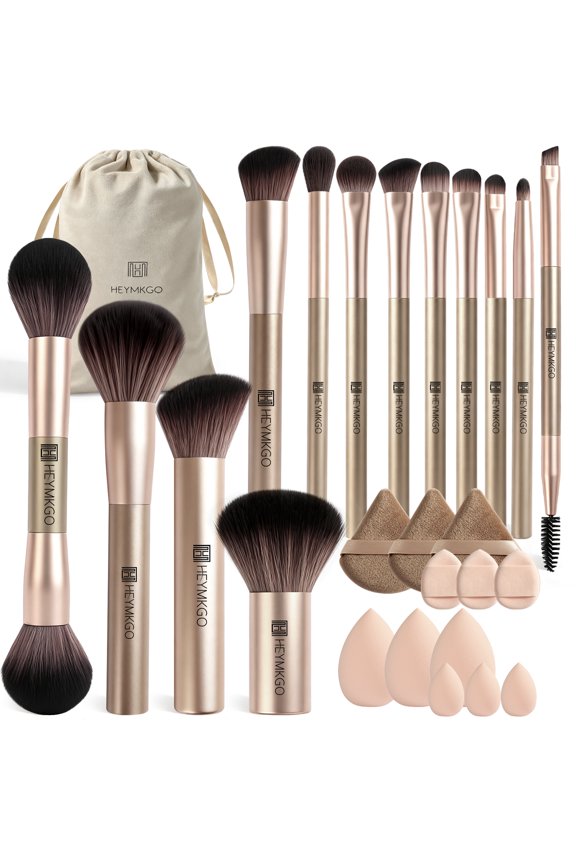 13Pcs Professional Makeup Brush Set with 12Pcs Blending Sponges Dual-Ended Foundation Powder Contour Eye Shadow Brush Kit with Velvet Pouch (Coffee Brown)