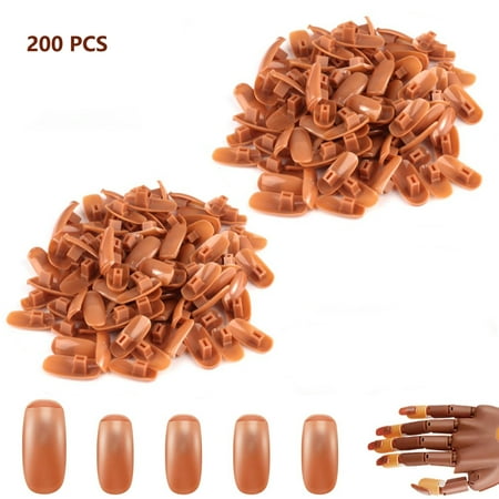 HEYMKGO 200 Pieces Replacement Refill Nail Tips False Fake for Flexible Nail Training Hand Practice Display Manicure Supply DIY (Brown)