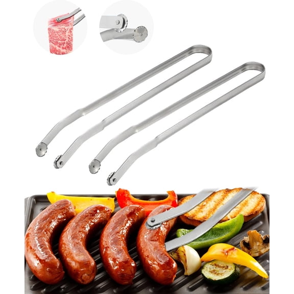 HEYMKGO BBQ Sausage Cooking Rotating Tongs, Tongs for Grilling, Flip Bacon Steak Meat Vegetables BBQ Tongs, Stainless Steel 2pcs