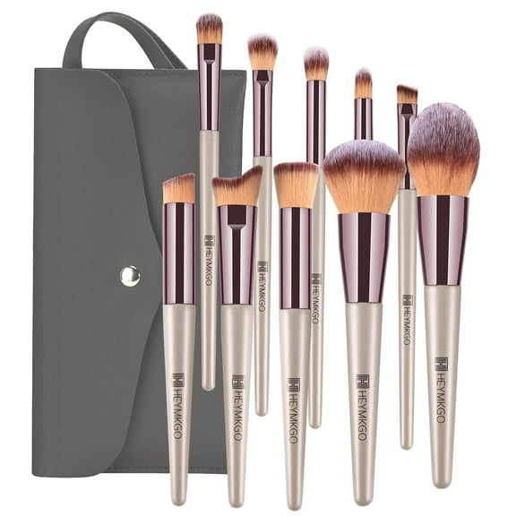 HEYMKGO Makeup Brushes, Conical Handle Professional Premium Synthetic Makeup Brush Set Kit With Case Bag for Blending Foundation Powder Blush Eyeshadow 10 Count Champagne Gold Xmas Gift