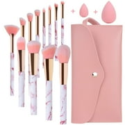 HEYMKGO Makeup Brushes 12Pcs Pink Marble Brush Set with Foundation Concealer Blush and Make up Bag