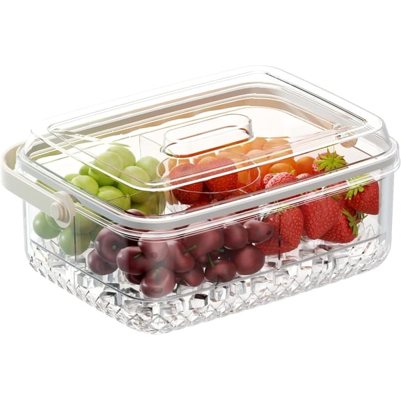 HEYMKGO Portable 4-Compartment Fruit & Veggie Storage Container with Ice Layer & Locking Lid - Non-Slip Handle, Leak-Proof Chilled Serving Tray for Picnic, Camping, Office, Parties, Refrigerator