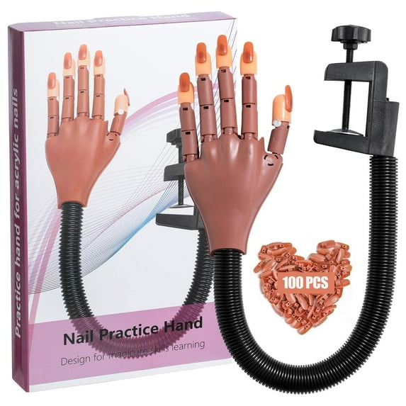 HEYMKGO Practice Hand for Acrylic Nails, 100 Pieces Nail Tips with Brown Tone Manicure Practice Hand