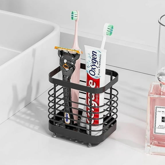 HEYMKGO Toothbrush Holder - Stainless Steel Single Groove Bathroom Organizer with Tray,Compact Stand for Electric Toothbrushes, Toothpaste Holder for Bathroom Countertop (Black Small Size)