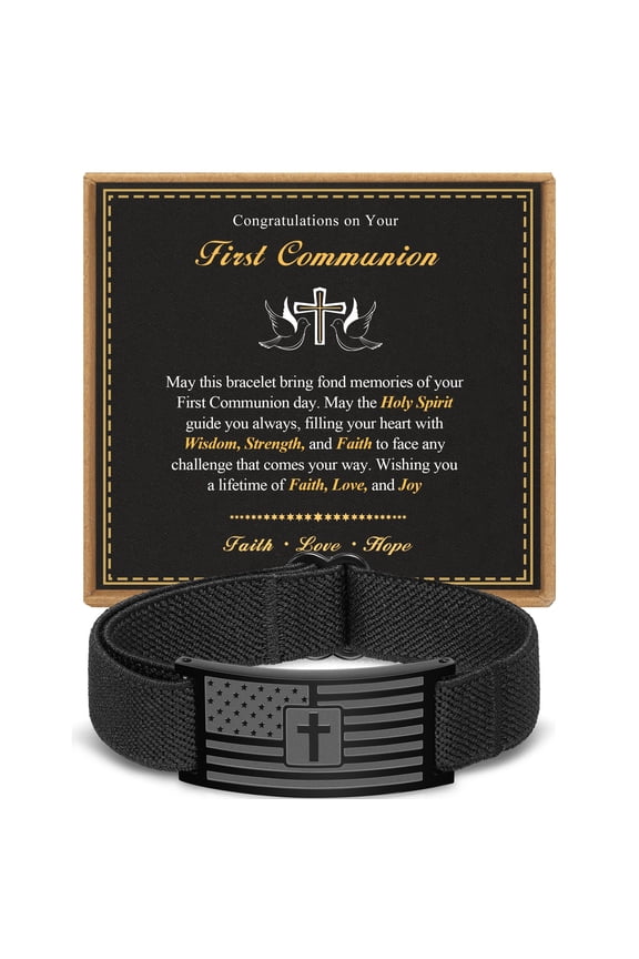 First Communion Gift for Son Grandson Black American Flag Cross Bracelet Stainless Steel Religious Christian Catholic Jewelry Gift