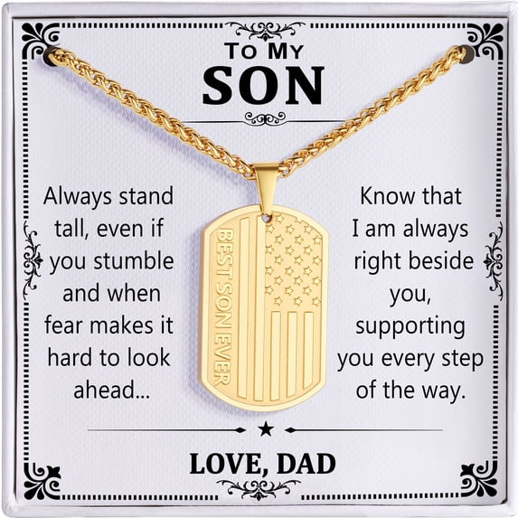 HEYOLL Silver Dog Tag Necklaces for Men to My Son Gifts from Dad American Flag Pendant Chain Military Army Birthday Valentines Day Jewelry Gifts Son Teen Teenages Tween Preteen Him Age Ideas