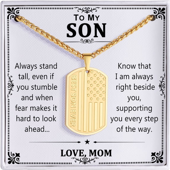 HEYOLL Silver Dog Tag Necklaces for Men to My Son Gifts from Mom American Flag Pendant Chain Military Army Birthday Valentines Day Jewelry Gifts Son Teen Teenages Tween Preteen Him Age Ideas