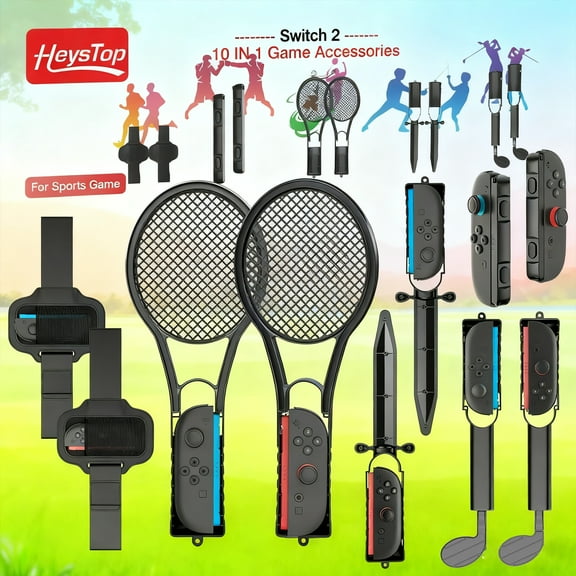 HEYSTOP 10-in-1 Sports Kit for Nintendo Switch 2 | Accessories Bundle with Leg Strap, Golf Club, Tennis Rackets & Sword Grips