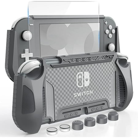 HEYSTOP Case Compatible with Nintendo Switch Lite, with Tempered Glass Screen Protector and 6 Thumb Grip, TPU Protective Cover for Switch Lite with Anti-Scratch/Anti-Dust (Grey)