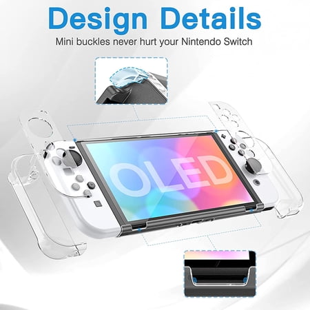 HEYSTOP Case Compatible with Nintendo Switch OLED Model Dockable, Hard PC Switch OLED Cover Case with Glass Screen Protector and 6Pcs Thumb Caps Protective Case Clear