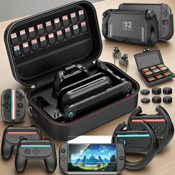 HEYSTOP Case for Nintendo Switch 2 Accessories Bundle with Switch 2 Dockable Protective Cover Switch 2 Tempered Film,Switch 2 Racing Wheels Joycon Grip Cover for Nintendo Switch 2 Controller