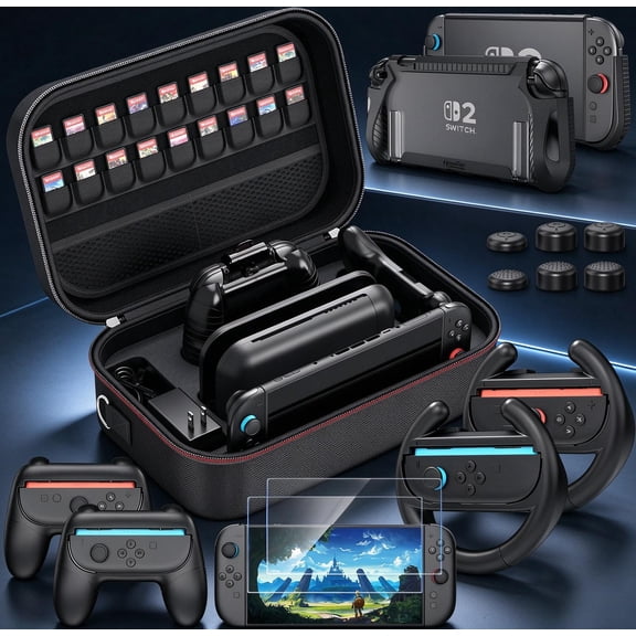 HEYSTOP Case for Nintendo Switch 2 Accessories Bundle with Switch 2 Dockable Protective Cover Switch 2 Tempered Film,Switch 2 Racing Wheels Joycon Grip Cover for Nintendo Switch 2 Controller
