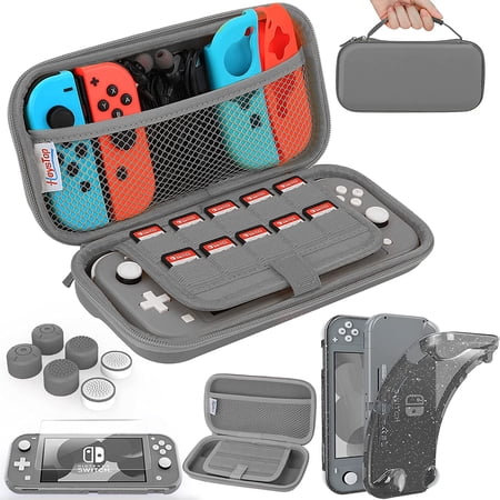 HEYSTOP Compatible with Switch Lite Carrying Case, Switch Lite Case with Soft Glitter TPU Protective Case Games Card 6 Thumb Grip Caps for Nintendo Switch Lite Accessories Kit(Grey)