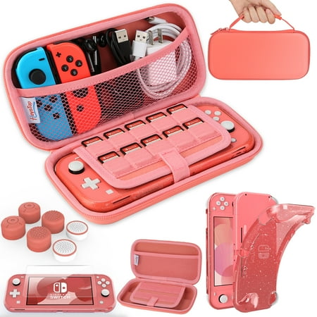 HEYSTOP Compatible with Switch Lite Carrying Case, Switch Lite Case with Soft TPU Protective Case Games Card 6 Thumb Grip Caps for Nintendo Switch Lite Accessories Kit(Pink)