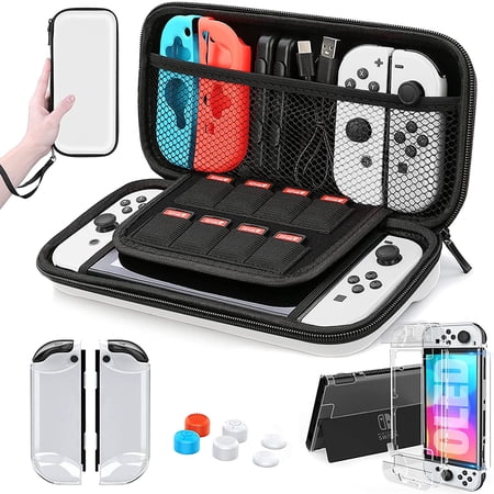 HEYSTOP Nintendo Switch OLED Model Carrying Case, 9 in 1 Accessories Kit for 2021 Nintendo Switch OLED Model with Dockable Protective Case Cover, HD Switch Screen Protector and Thumb Grip Caps (White)
