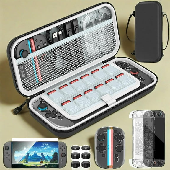 HEYSTOP Switch 2 Accessories Kit 2025 Upgraded ,Carrying Case for Nintendo Switch 2, Protective Switch 2 Cover with HD Screen Protector, Portable Travel Case with 12 Game Slots & 6 Thumb Grips, Black