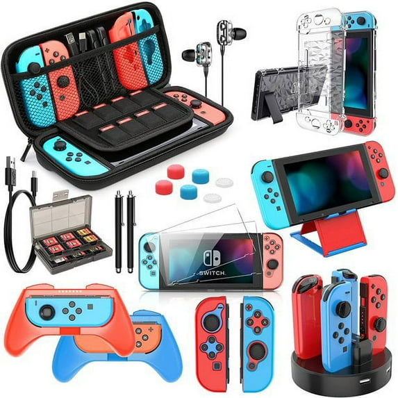 HEYSTOP Switch Accessories Bundle 27 in 1 Compatible with Nintendo Switch, Gift Kit with Carrying Case, Dockable Protective Case Cover, Screen Protector, Steering Wheel, Joycon Grip & More (Red&Blue)