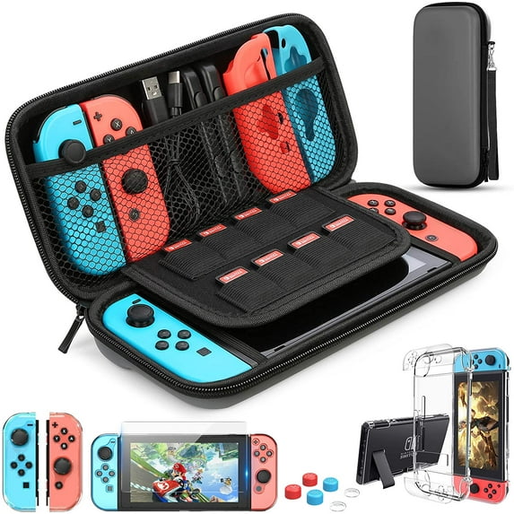 HEYSTOP Switch Case Compatible with Nintendo Switch, 9 in 1 Switch Accessories with 8 Pouch Carrying Case, PC Protective Cover Case, HD Switch Screen Protector and 6 Pack Thumb Grips Caps