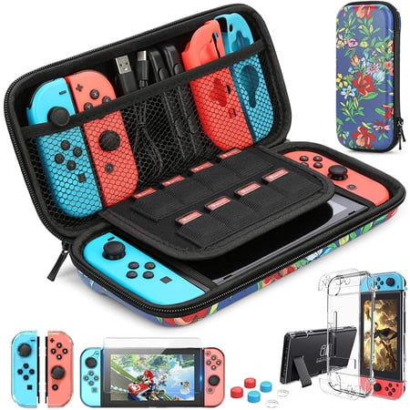 HEYSTOP Switch Case Package Compatible with Nintendo Switch Oled, 9 in 1 Switch Accessories with 8 Pouch Carrying Case, PC Protective Cover Case, HD Switch Screen Protector and 6 Pack Thumb Grips Caps