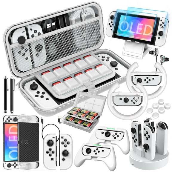HEYSTOP Switch OLED Accessories Bundle 27 in 1 Compatible with Nintendo Switch OLED ,Switch OLED Carry Case,Dockable Protective Case Cover,Grip Cover,Screen Protector,Game Cards Case,Grip Charge Dock,