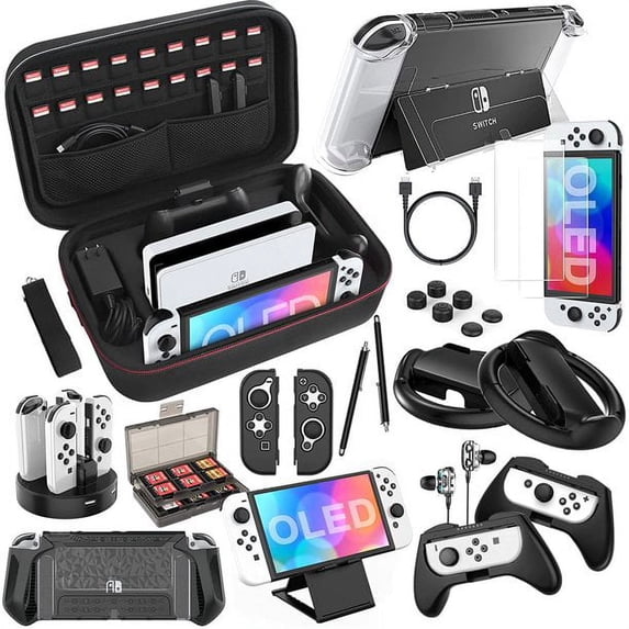 HEYSTOP Switch OLED Accessories Bundle 28 in 1 Compatible with Nintendo Switch OLED, Gift Kit with Carrying Case, Dockable Protective Case Covers, Screen Protector, Joycon Grip & More (Black)