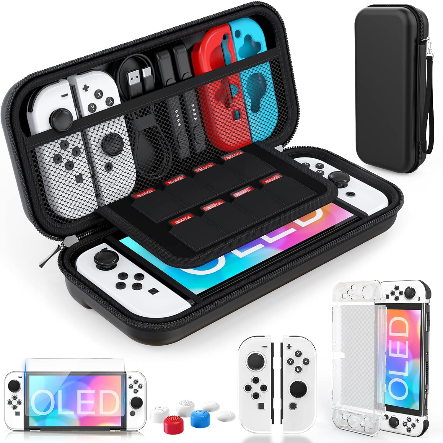 HEYSTOP Switch OLED Case Compatible with Nintendo Switch OLED Model 2021, 9 in 1 Accessories for Switch OLED Model with Dockable Protective Case, HD Screen Protector and 6 Pcs Thumb Grip Caps