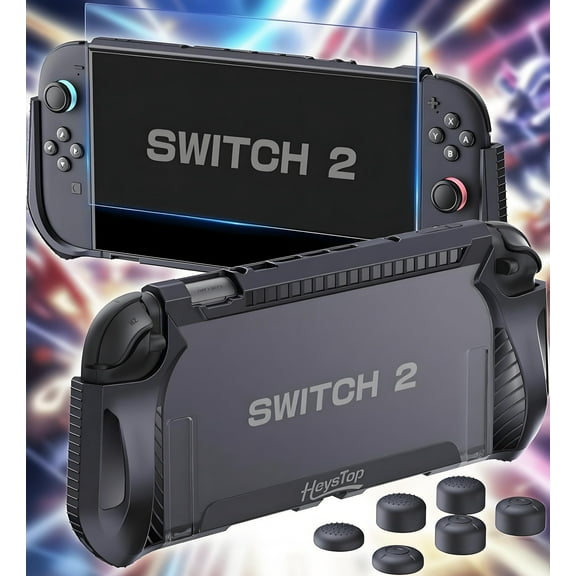 HEYSTOP TPU Protective Case for Switch 2 with Screen Protector & 6 Thumb Grips - Ergonomic Grip Case for Nintendo Switch 2 (Blue)
