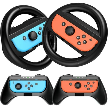 HEYSTOP Wheel Controller for Nintendo Switch & Switch OLED Model 2021 (4 Pack) Joy Con Controller Grip and Switch Steering Wheel for Mario Kart (Black)