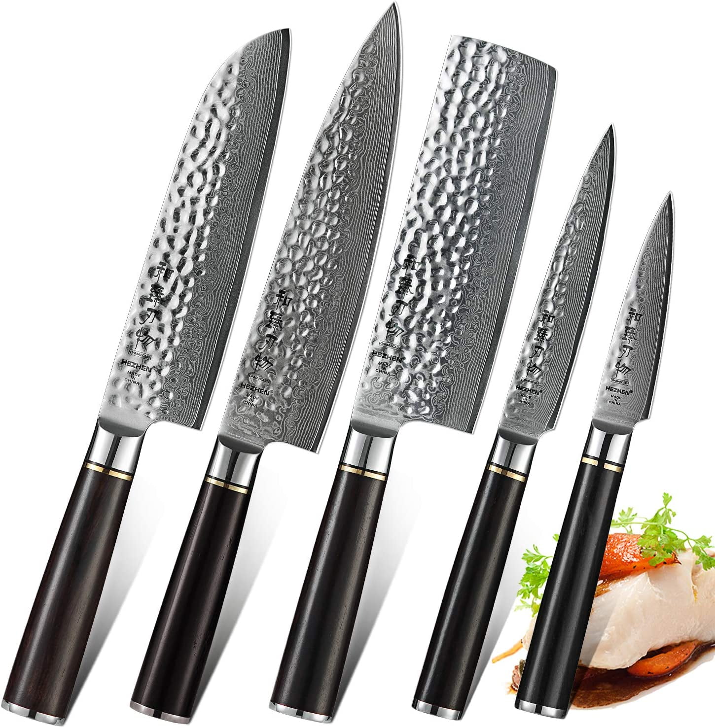 ZHEN - Kitchen Knife Set - Nakiri Chef Santoku Paring and Bread Knife -  Damascus - Unfinished Kit - 5 Piece