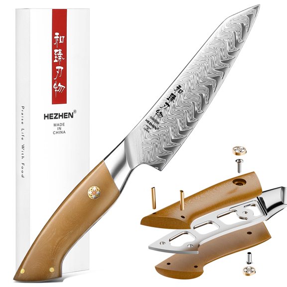 HEZHEN Kitchen Utility Knife, 5.5 Inches, 67 Layers Damascus Steel, Multifucational Paring Knife for Chefs and Home Cooking, Ultra-sharp Blade with Linen Micarta Handle, Gift Packing