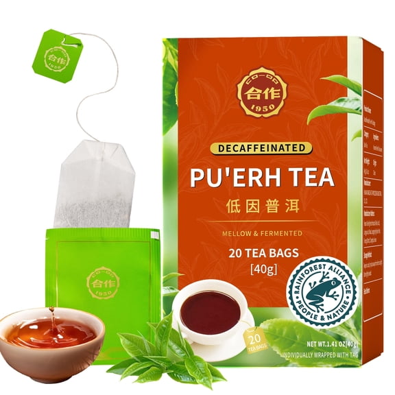 HEZUO Decaffeinated Pu-erh Tea Bags, Premium Yunnan Decaf Puerh Fermented Tea, Smooth & Bold Flavor, Individually Wrapped, 20 Count