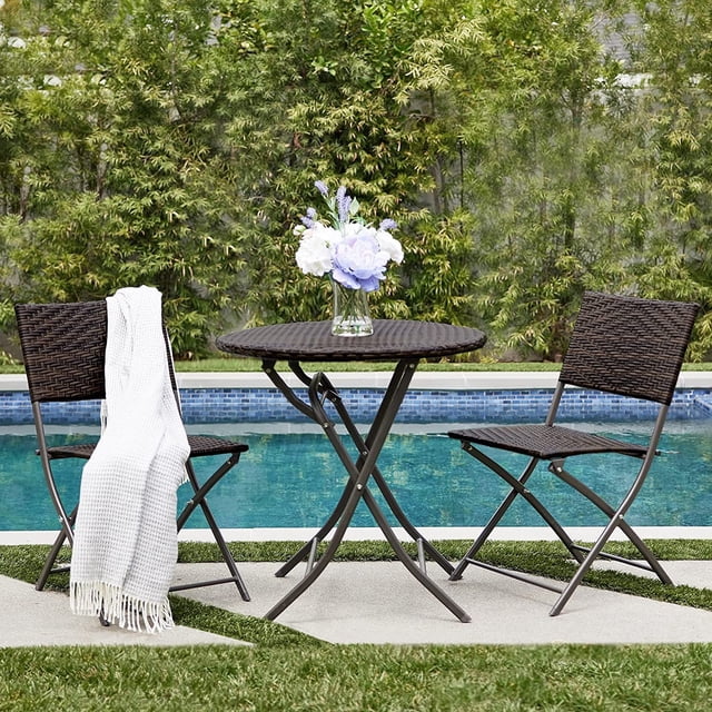 HElectQRIN 3 Piece Modern Rattan Patio Bistro Set with Folding Table